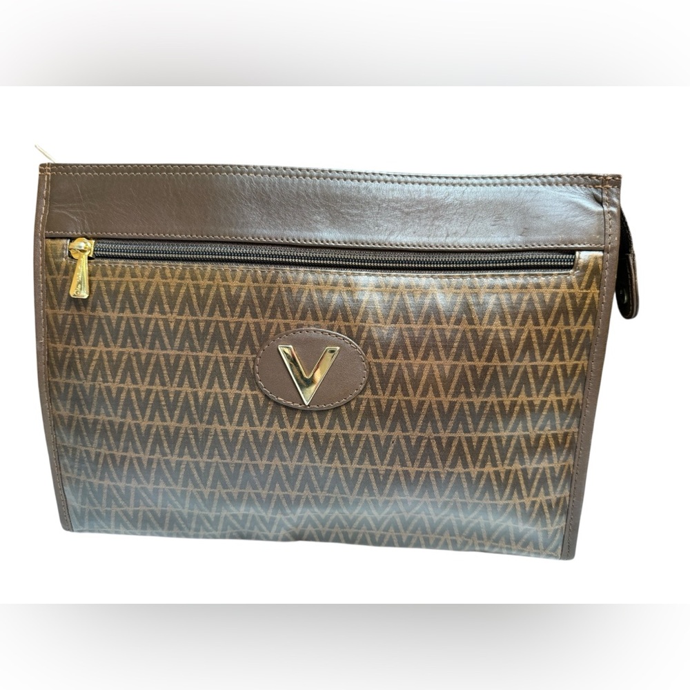 Mario Valentino Vintage Brown Monogram V Logo Zip Clutch Made in Italy